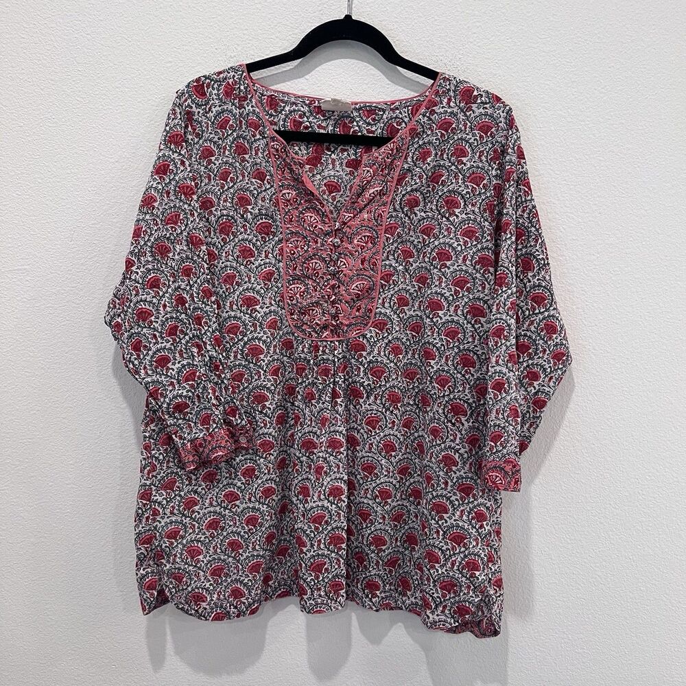 Indian cotton ANOKHI Hand Block Print Tunic Top Blouse Shirt XXL Boho Hippie